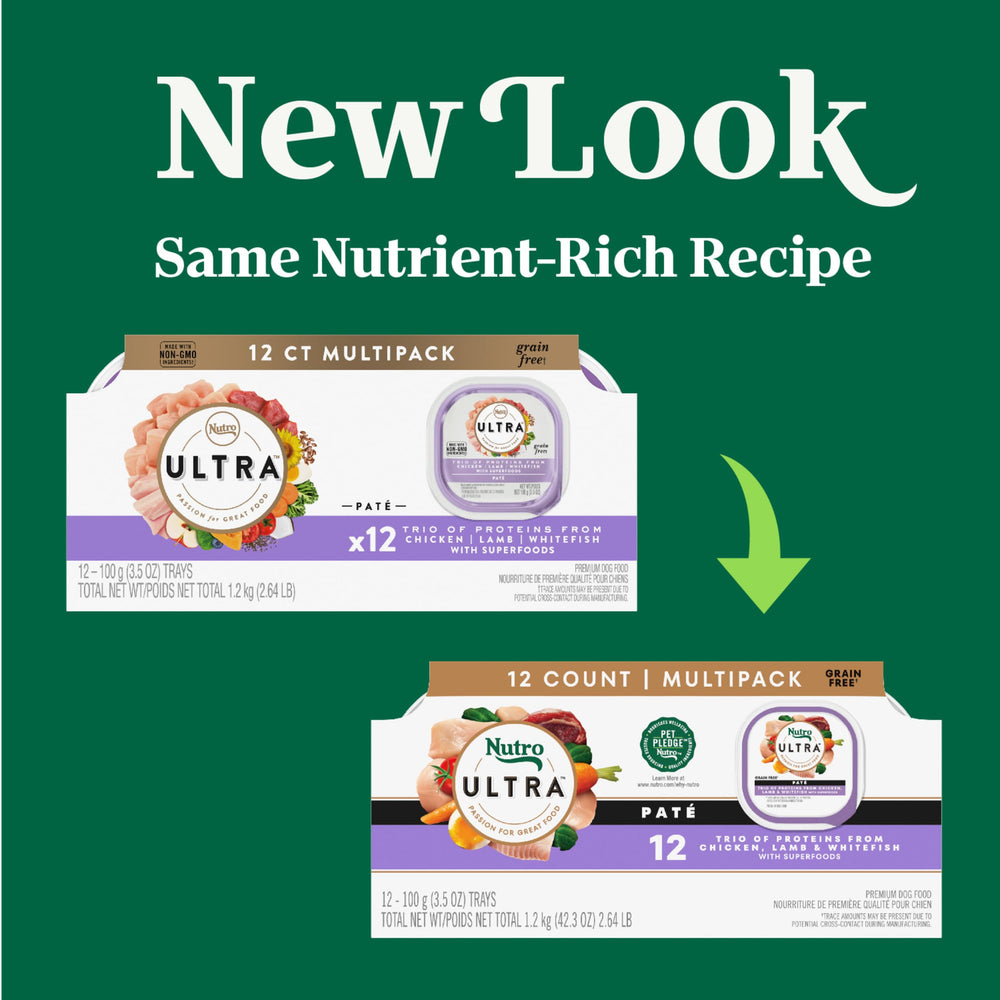 Nutro Ultra Pate Trio—pate-trio-chicken-lamb-whitefish; protein-rich flavor dogs love at dinner.