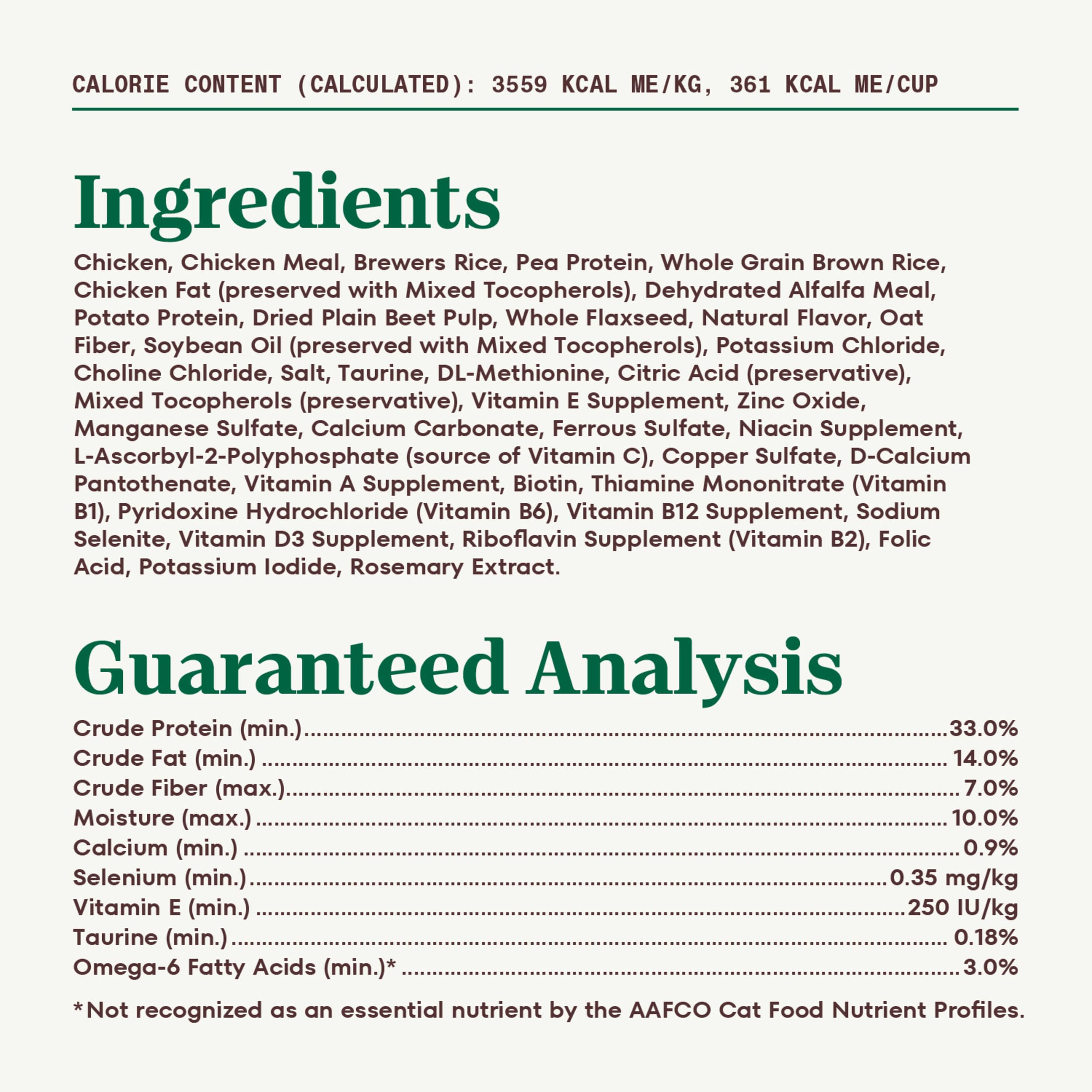 Nutro Wholesome Essentials Indoor Cat Food natural ingredients with vitamins and minerals.