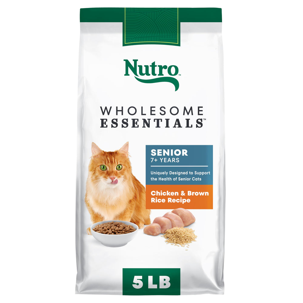 Nutro Wholesome Essentials senior dry cat food bag highlighting real chicken as main protein