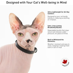 Nuvuq breakaway buckle release highlights easy escape prevention on active cats.