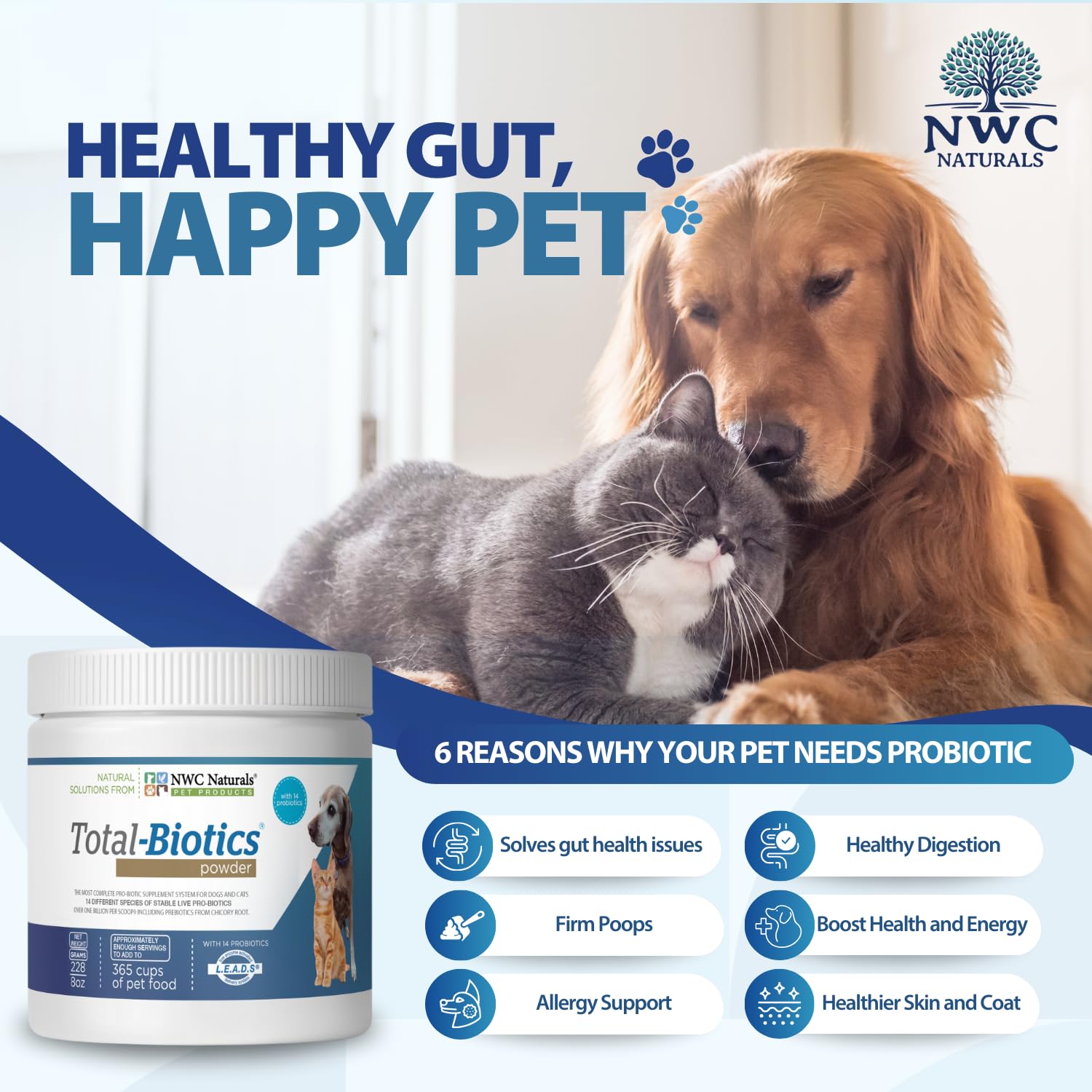 Total-Biotics label close-up highlights 14 probiotic strains for digestive balance.