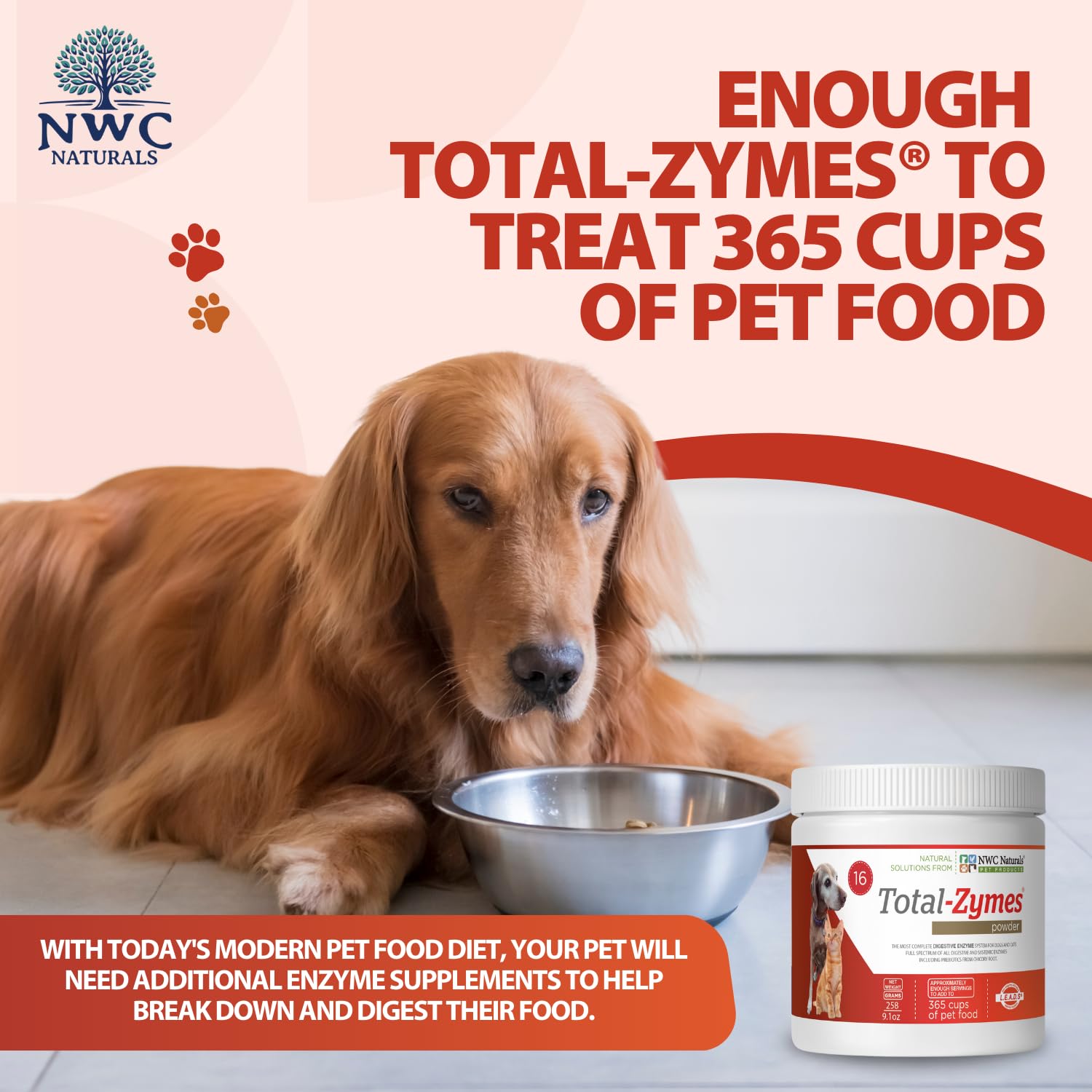 NWC Naturals Total-Zymes dog serving with powder added to meals for digestion
