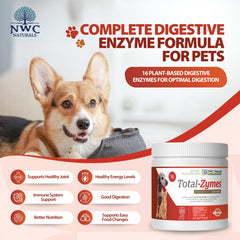 NWC Naturals Total-Zymes pouring from bottle into pet food bowl for easy dosing