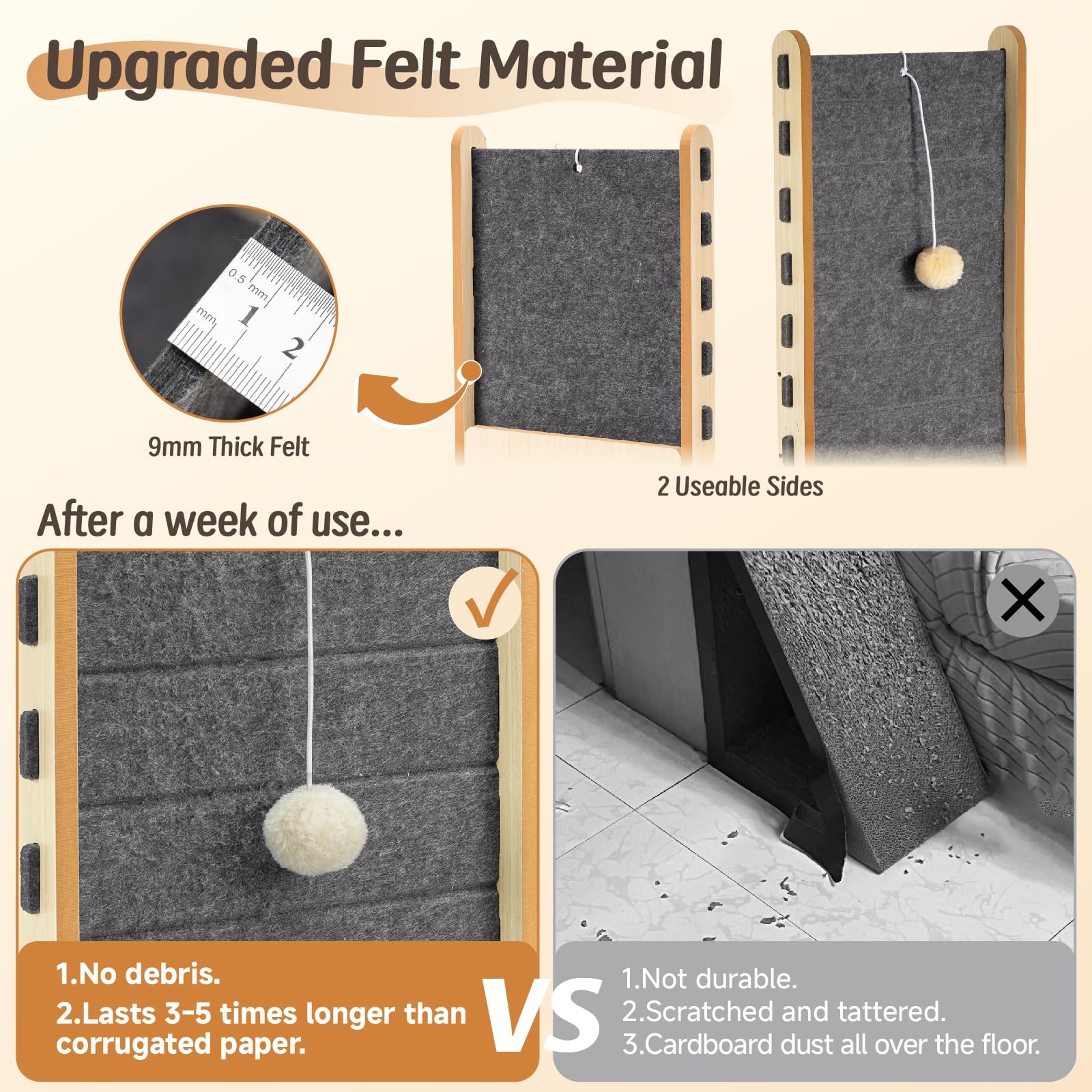 Nxwjoy felt design scratcher reduces cardboard dust and lasts longer indoors.