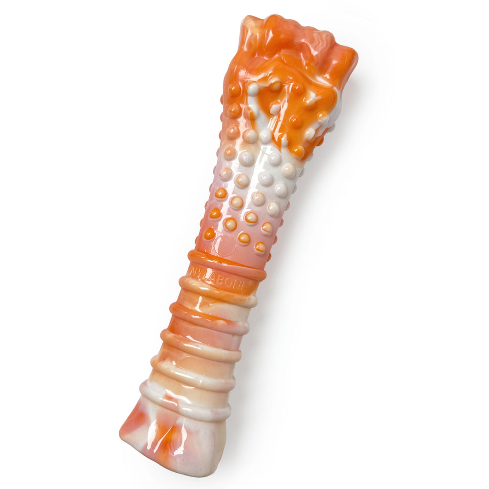 Nylabone 70th Birthday orange-white swirl textured bone for powerful chewers.