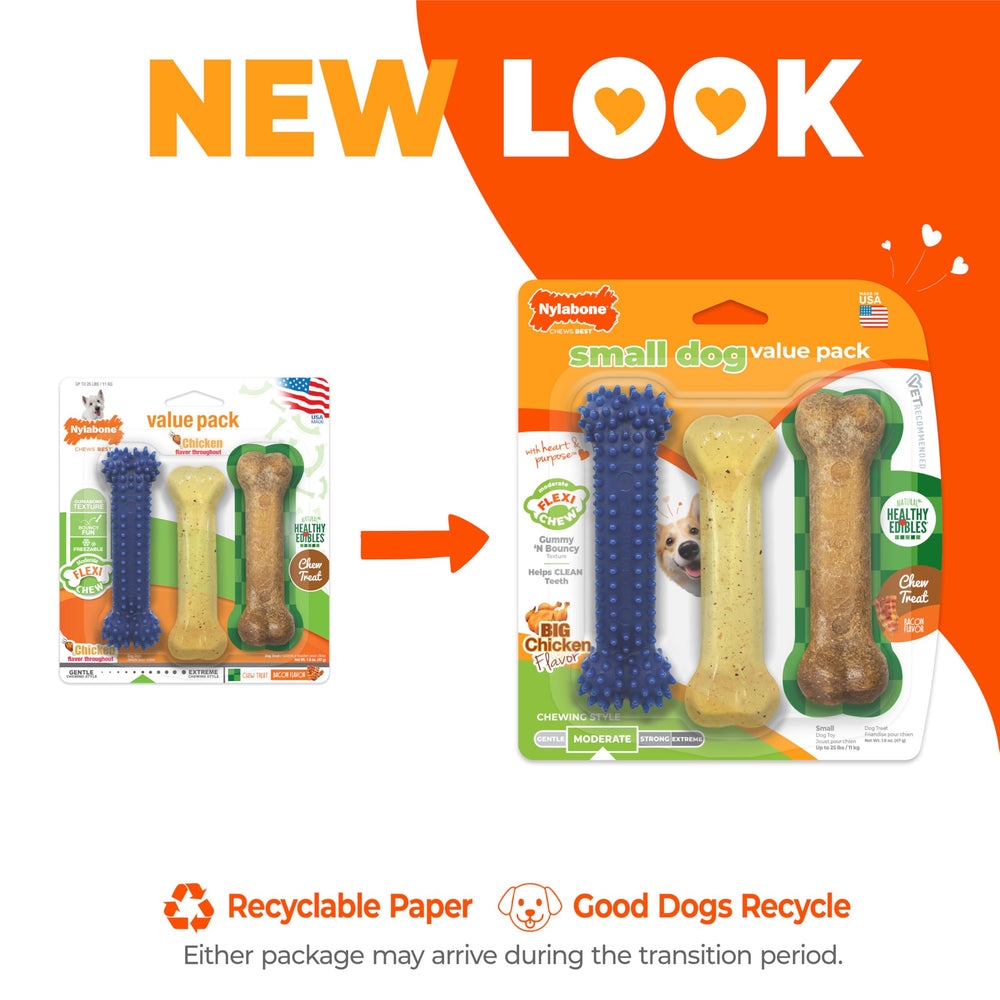 Nylabone bacon flavored chew treat for small dogs; digestible and tasty