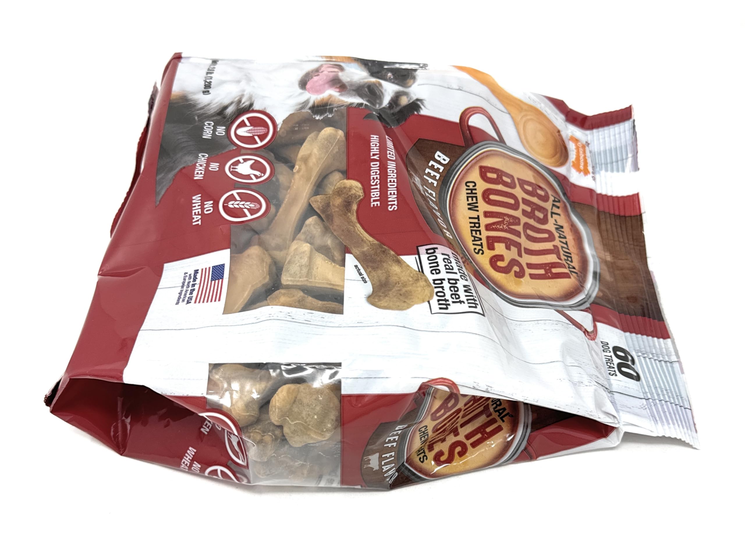 Nylabone Beef Broth Bones count display highlights 60 pieces for long lasting chews