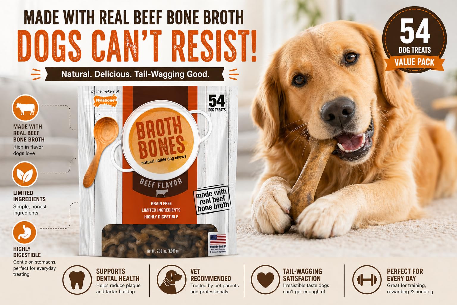Nylabone Beef Broth Bones dog chewing scene demonstrates savory chew appeal