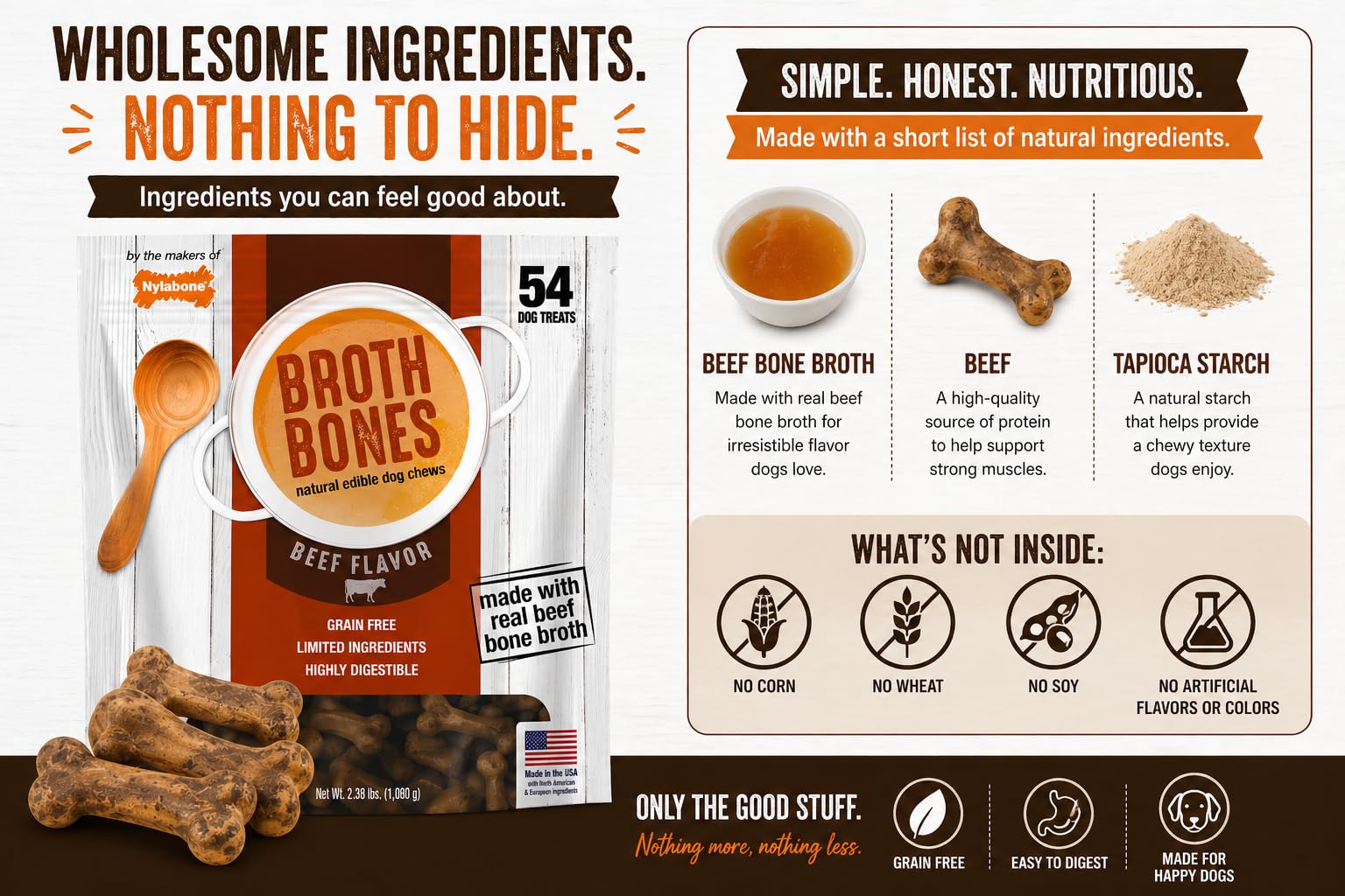 Nylabone Beef Broth Bones ingredients label shows natural, filler-free formula