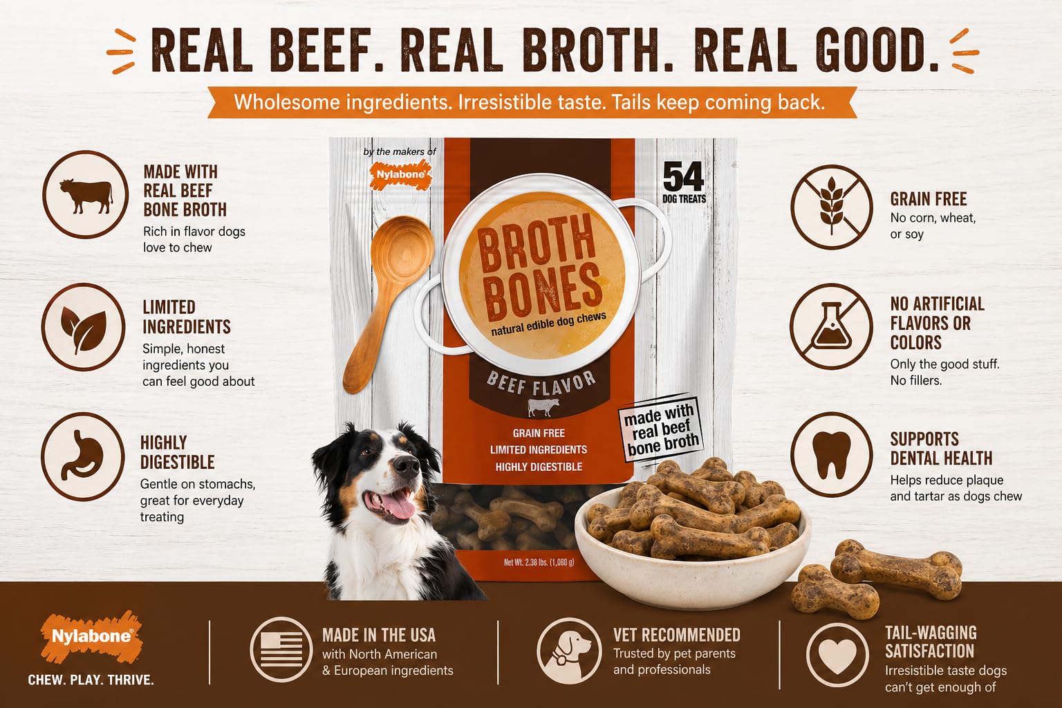 Nylabone Beef Broth Bones natural ingredients on bag emphasize quality and simplicity