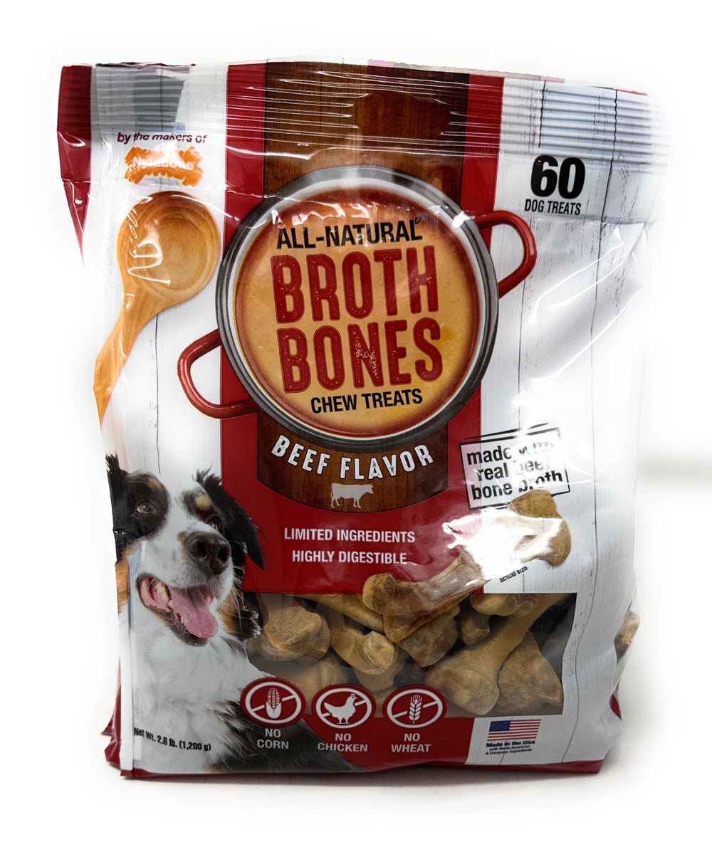 Nylabone Beef Broth Bones packaging highlighting USA made natural dog treats for enrichment