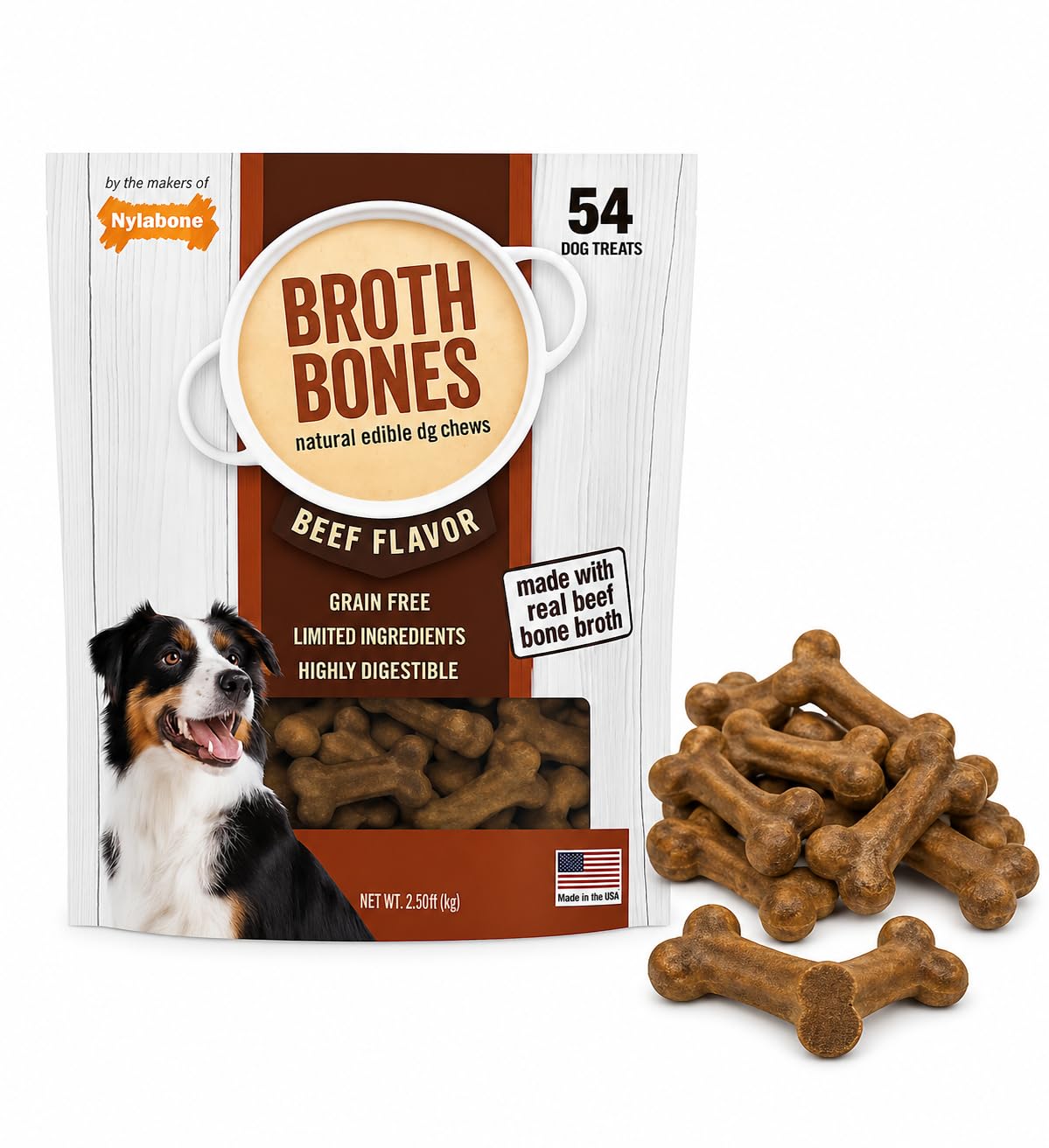 Nylabone Beef Broth Bones packaging highlights grain-free treats your dog will love