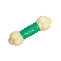 Nylabone durable nylon ends with soft rubber center for aggressive chewers.