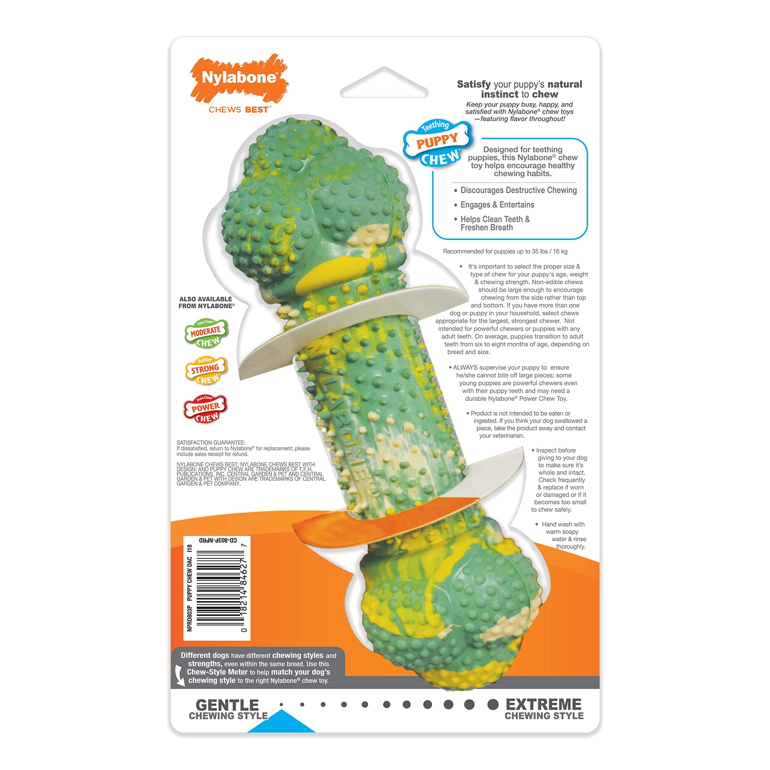 Nylabone Flavor Frenzy Barbell encourages positive chewing activity in puppies.