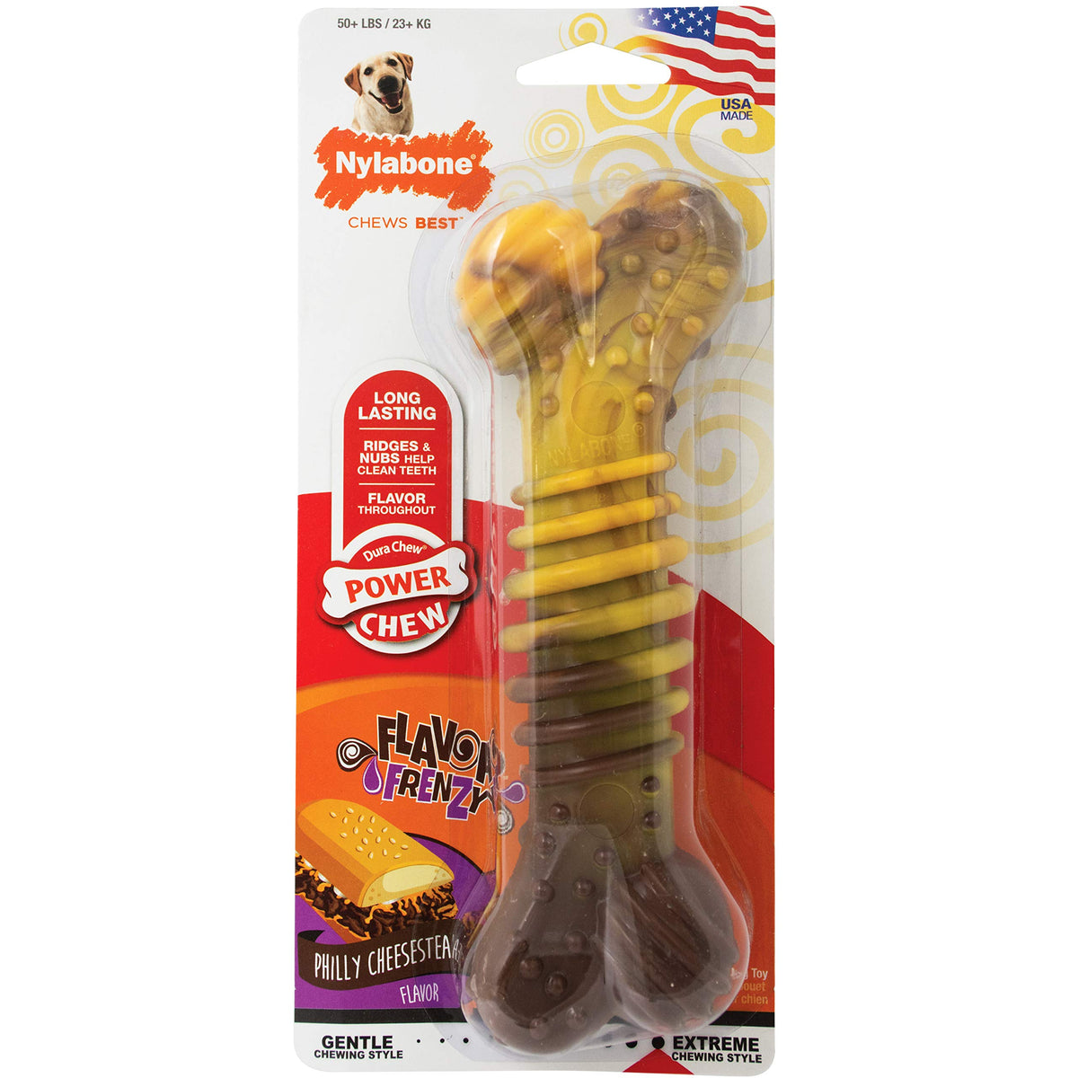 Nylabone Flavor Frenzy Philly Cheesesteak dental bone, X-Large, ideal for strong chewers.