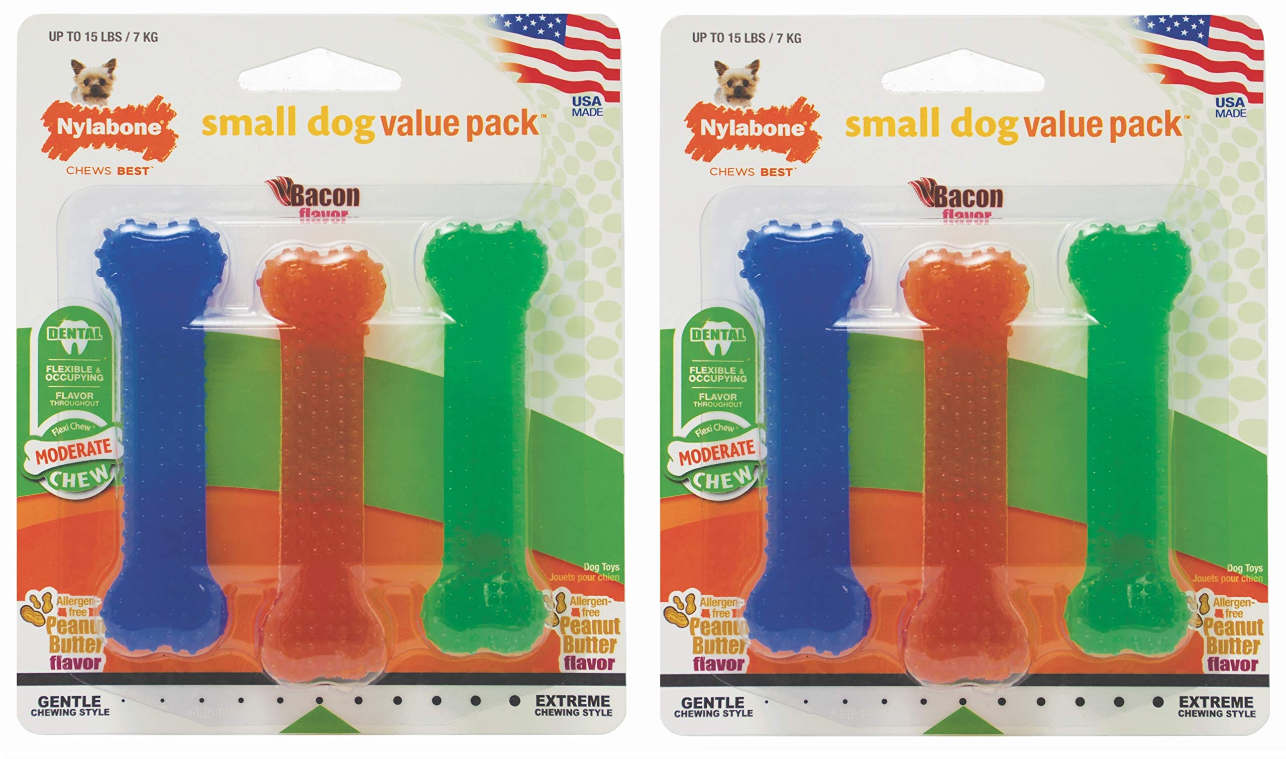 Nylabone Flexi Chew Peanut Butter trio for small dogs supports gentle chewing.