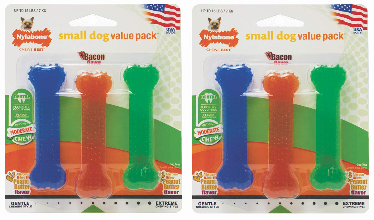 Nylabone Flexi Chew Peanut Butter trio for small dogs supports gentle chewing.