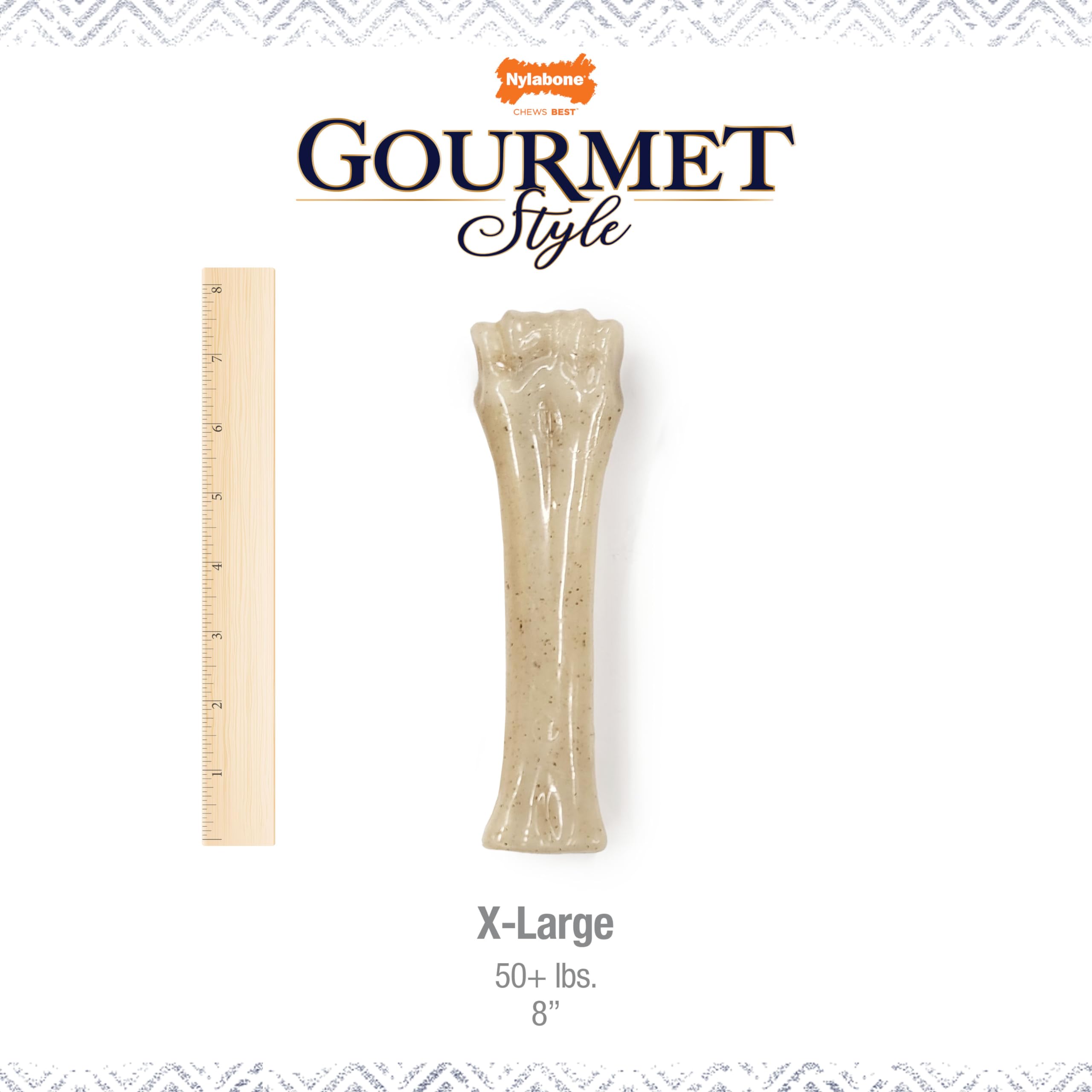 Nylabone Gourmet Style tooth-cleaning texture may support dental care during chewing.