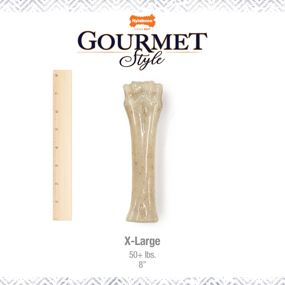 Nylabone Gourmet Style tooth-cleaning texture may support dental care during chewing.