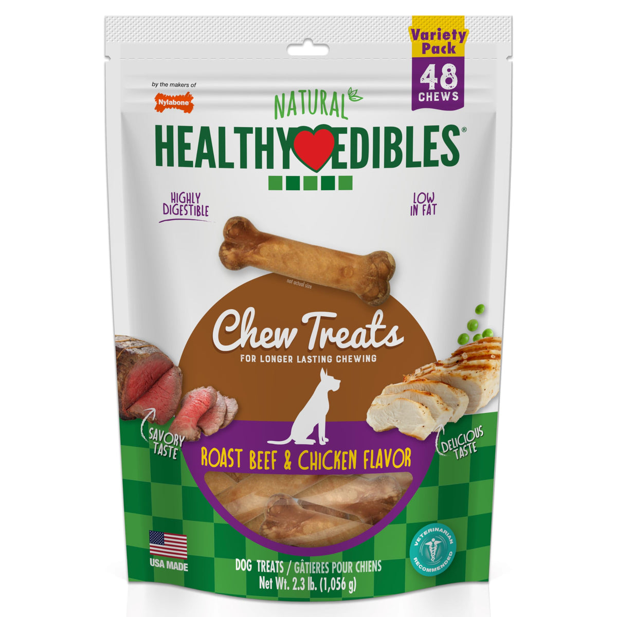 Nylabone Healthy Edibles roast beef chew for small dogs promotes long-lasting entertainment.