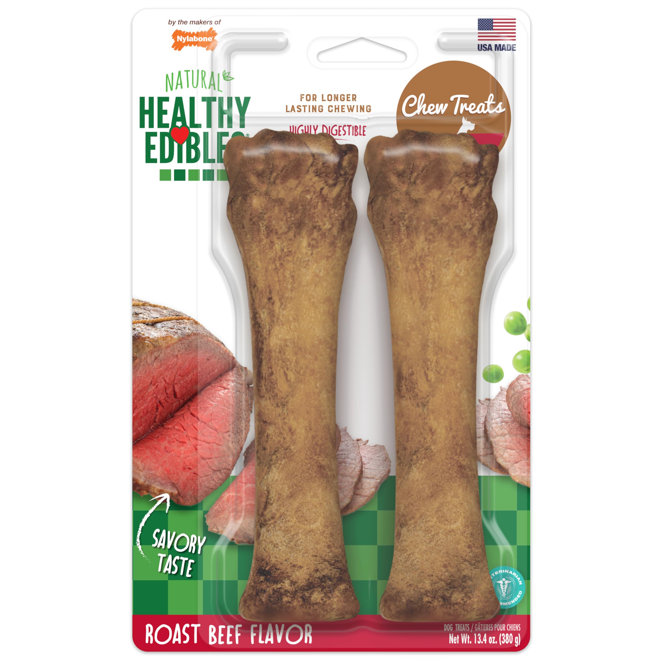 Nylabone Healthy Edibles roast beef packaging showing USA-made dog treats for large breeds.