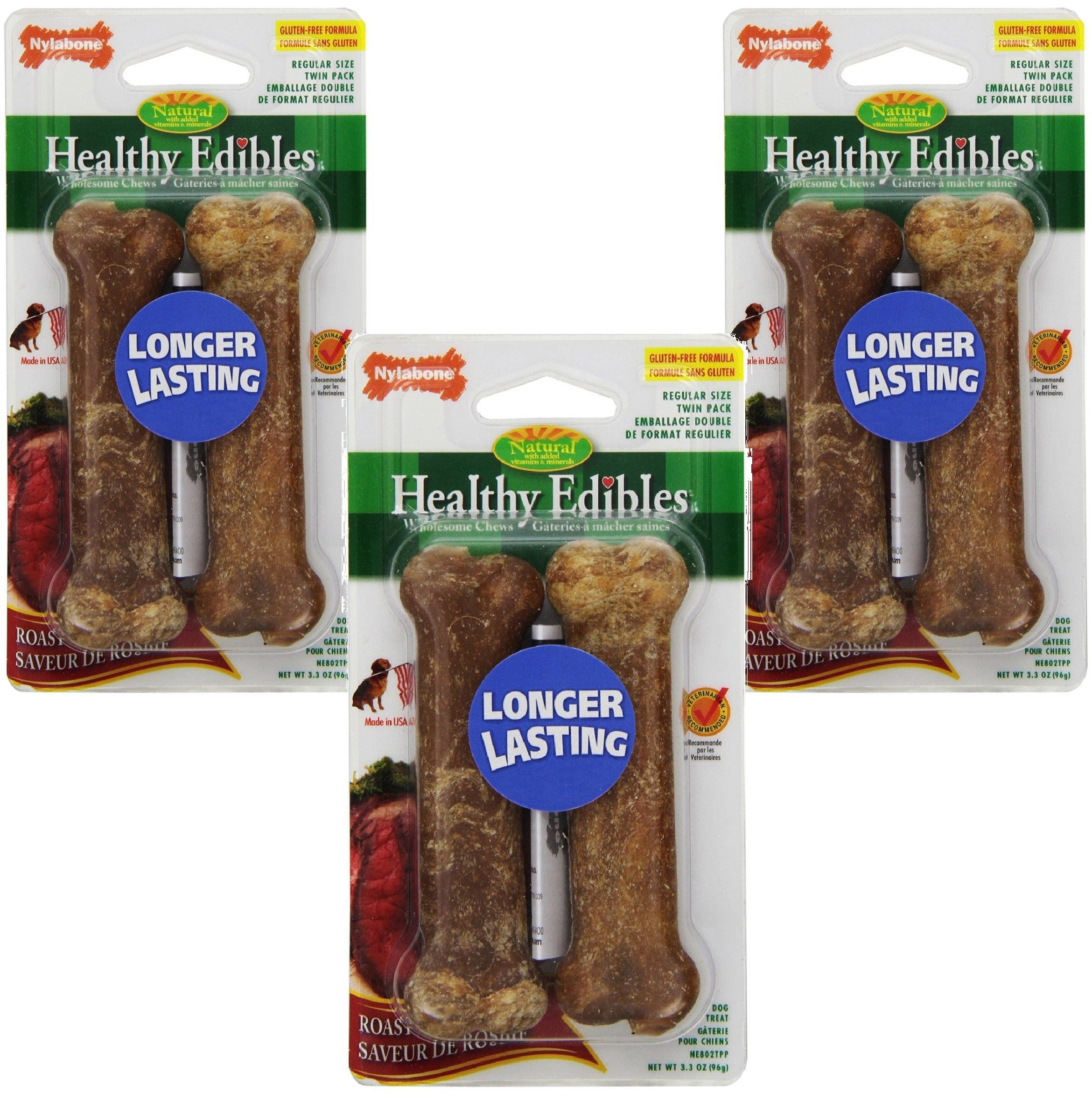 Nylabone Healthy Edibles roast beef bones, regular size, 3-pack, long-lasting digestible chew for dogs.