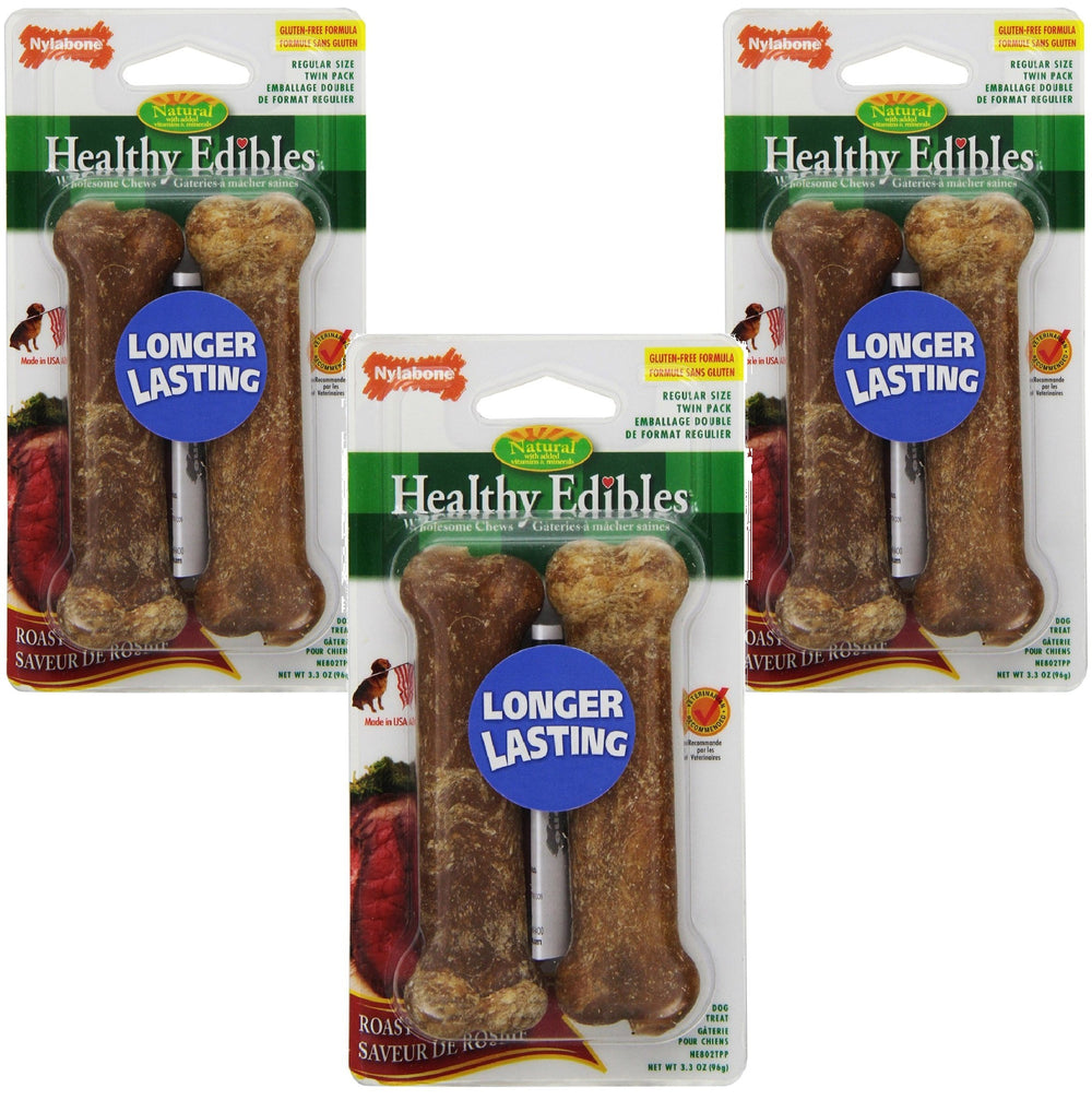 Nylabone Healthy Edibles roast beef bones, regular size, 3-pack, long-lasting digestible chew for dogs.