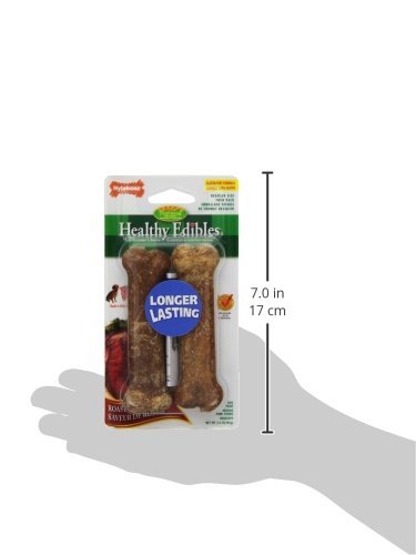 Nylabone roast beef treat bones, regular size, safe chewing with no artificial colors or added sugar.