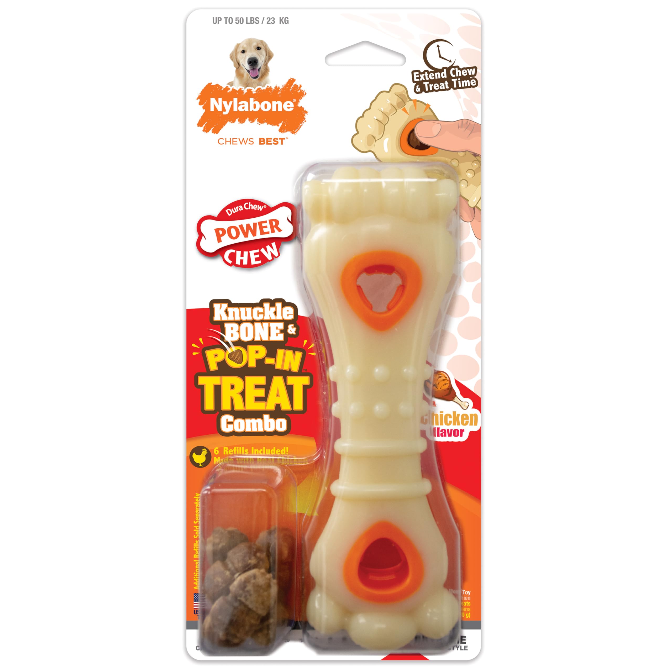 Nylabone Knuckle Bone Pop-In Toy outer view showing durable chew-and-treat design for dogs