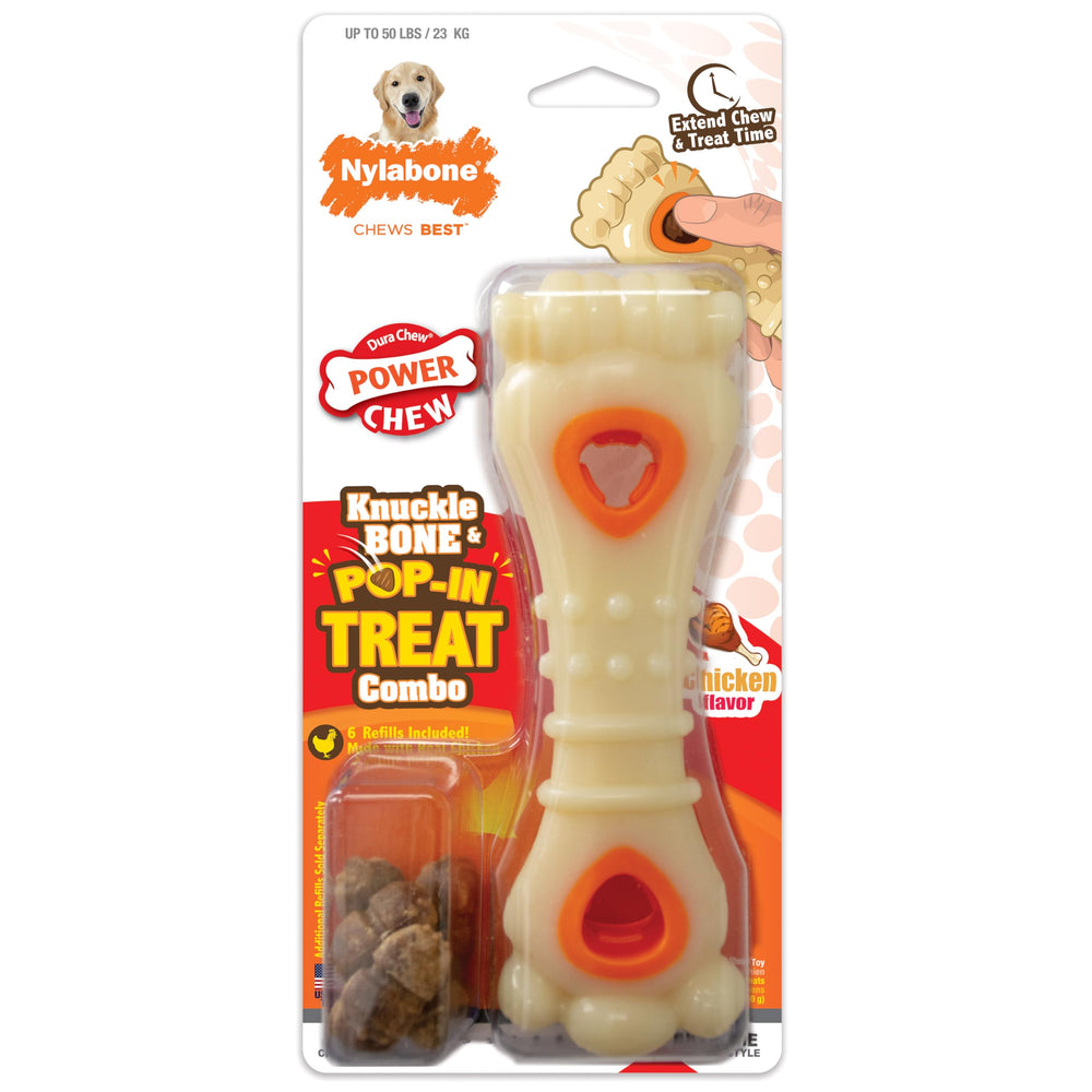 Nylabone Knuckle Bone Pop-In Toy outer view showing durable chew-and-treat design for dogs