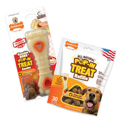 Nylabone Knuckle Bone Pop-in Treat Toy pack showing two-in-one chew and treat enrichment for dogs.