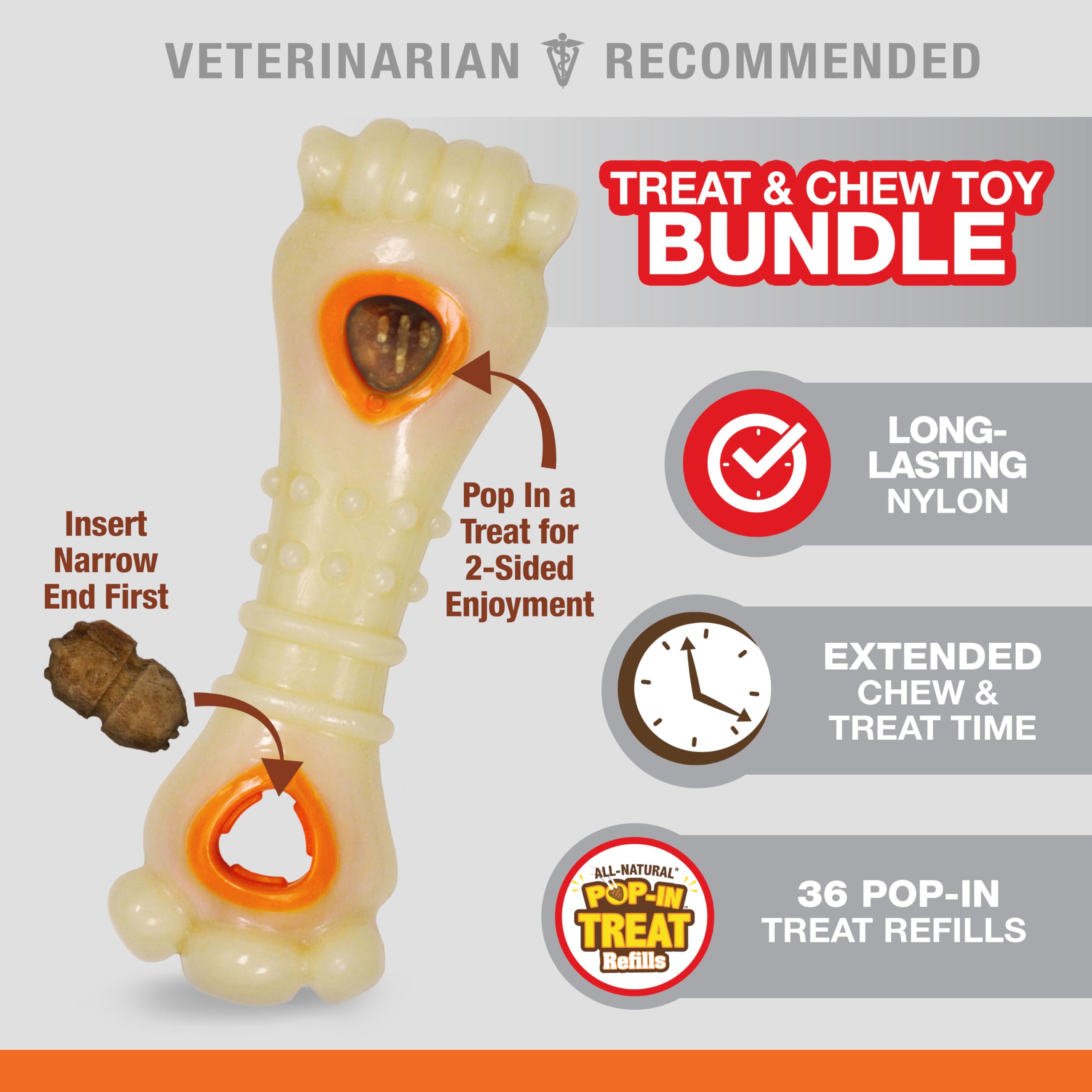 Nylabone Knuckle Bone Pop-in Treat Toy side view highlight durable nylon surface for strong chewers.