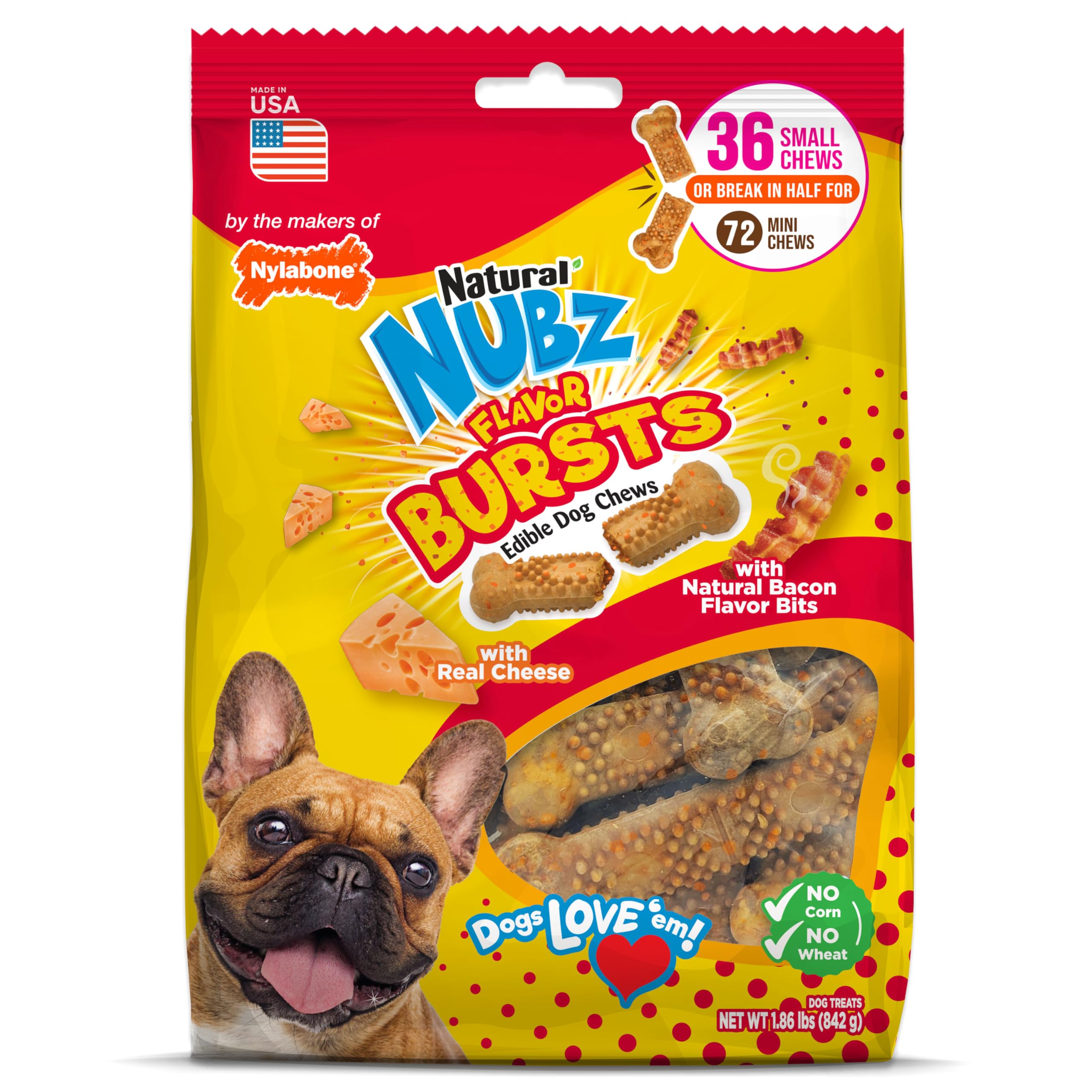 Nylabone Nubz bacon-cheese flavor burst for small dogs, engaging long-lasting chew.