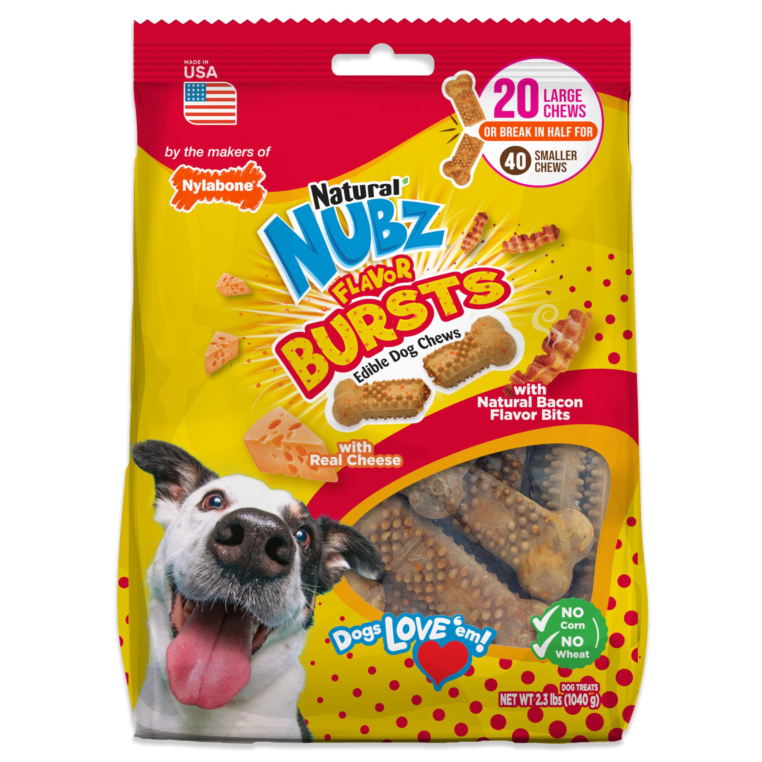 Nylabone Nubz Flavor Bursts with real cheese and bacon flavor for tasty chewing.