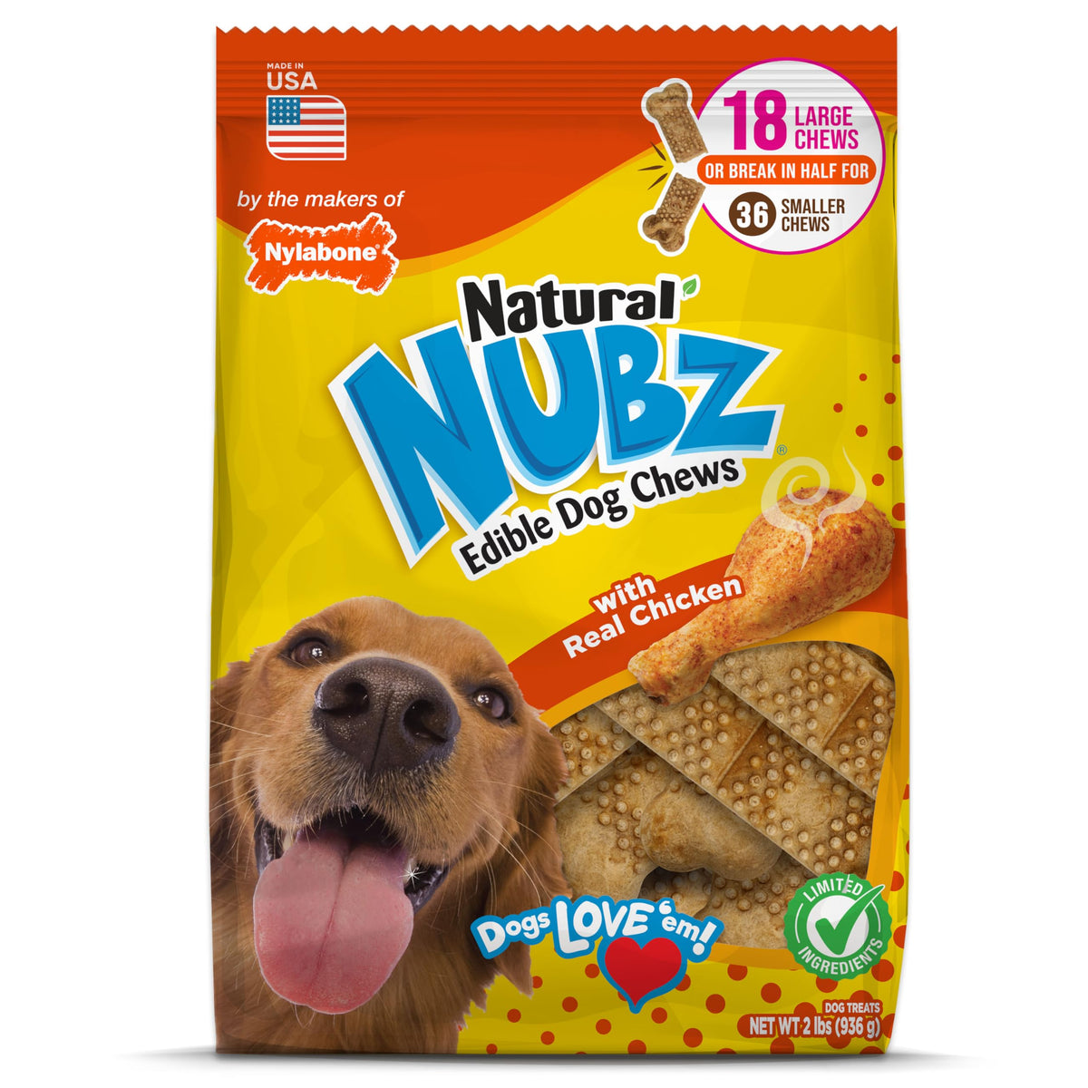 Nylabone Nubz natural chicken dog chews for large breeds, appealing and durable