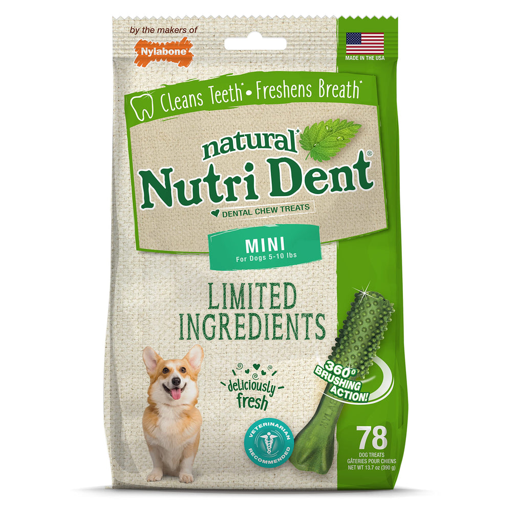 Nylabone Nutri Dent with 360-degree scrubbing nubs for thorough teeth cleaning.
