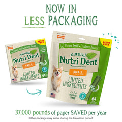 Close-up of Nutri Dent 360-degree scrubbing nubs cleaning teeth during chewing.