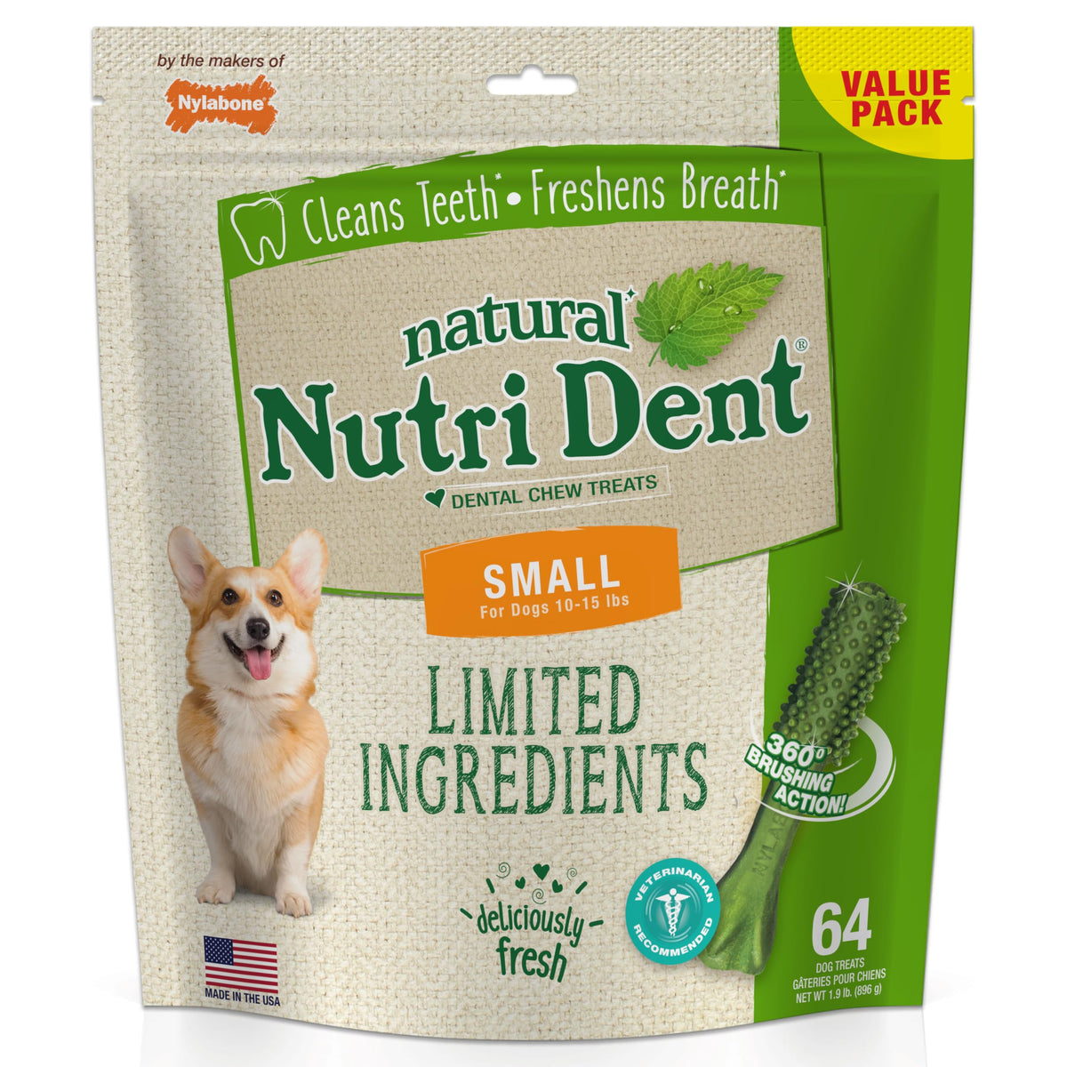 Nylabone Nutri Dent box front shows 64-count packaging for daily dental care.