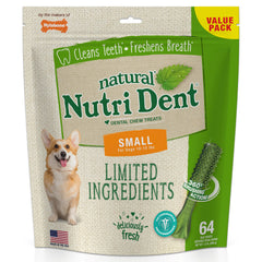 Nylabone Nutri Dent box front shows 64-count packaging for daily dental care.