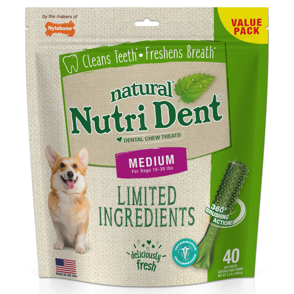Nylabone Nutri Dent dental treats in packaging highlighting natural ingredients and vet-backed care.