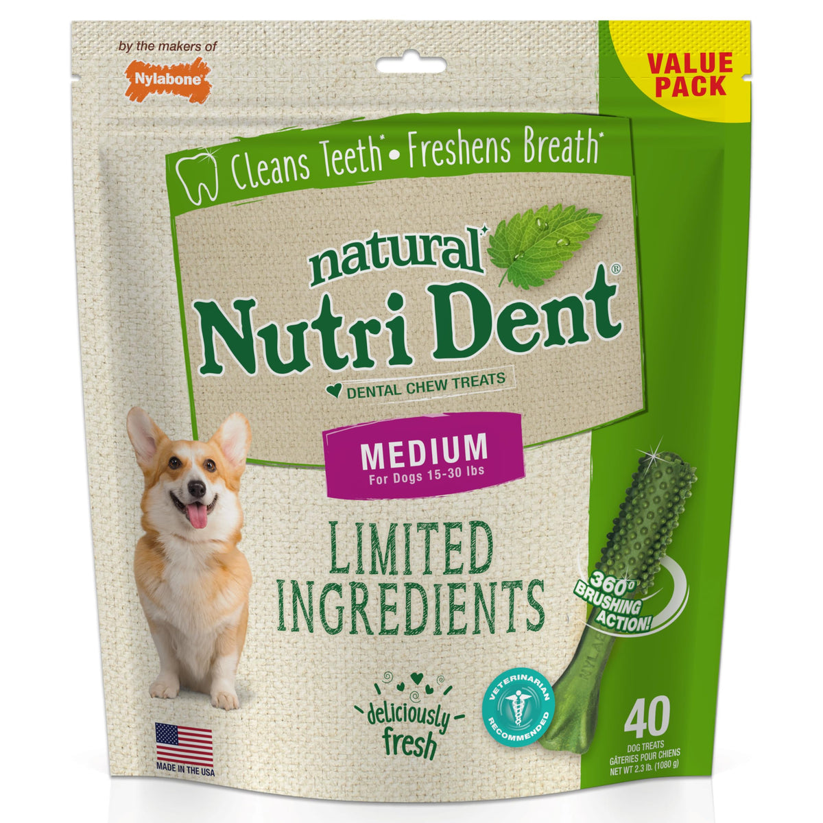 Nylabone Nutri Dent dental treats in packaging highlighting natural ingredients and vet-backed care.
