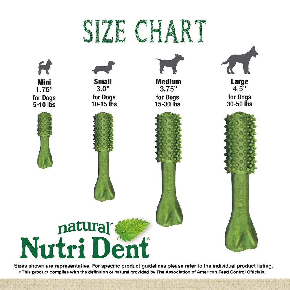 Out-of-package Nutri Dent dimensions shown: 3.75" x 1.88" x 0.75".