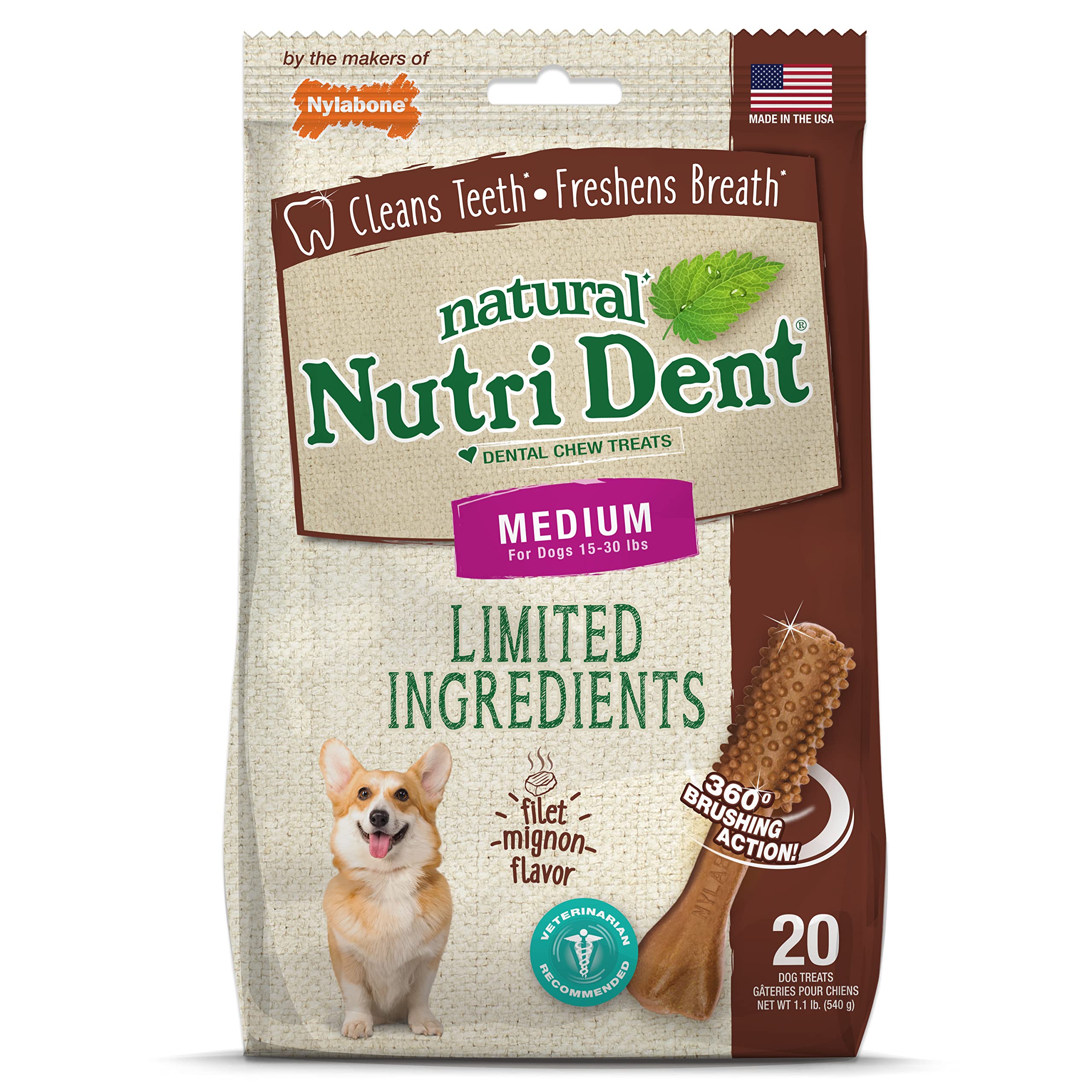 Nylabone Nutri Dent filet mignon chew with 360-degree nubs for cleaner teeth.