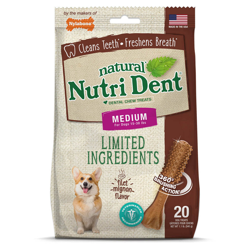 Nylabone Nutri Dent filet mignon chew with 360-degree nubs for cleaner teeth.