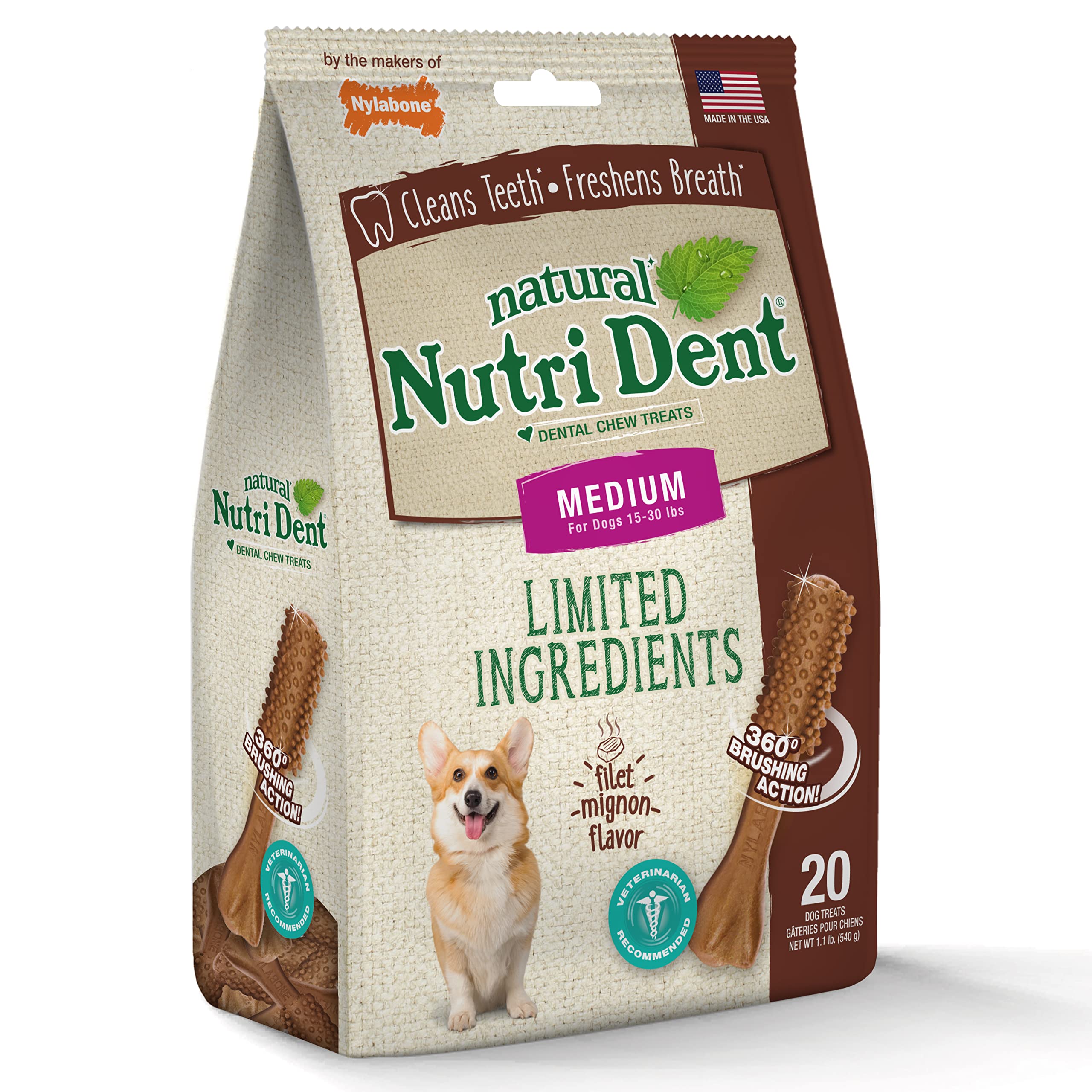 Nutri Dent filet mignon chew package shows USA-made branding.