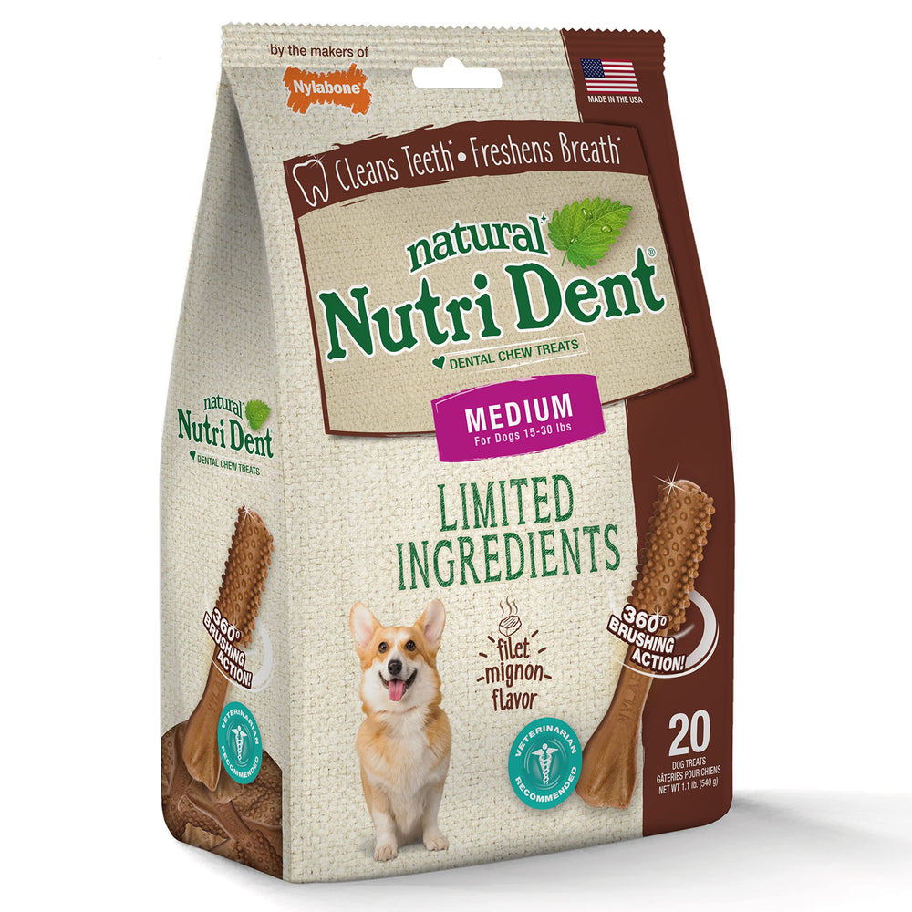 Nutri Dent filet mignon chew package shows USA-made branding.