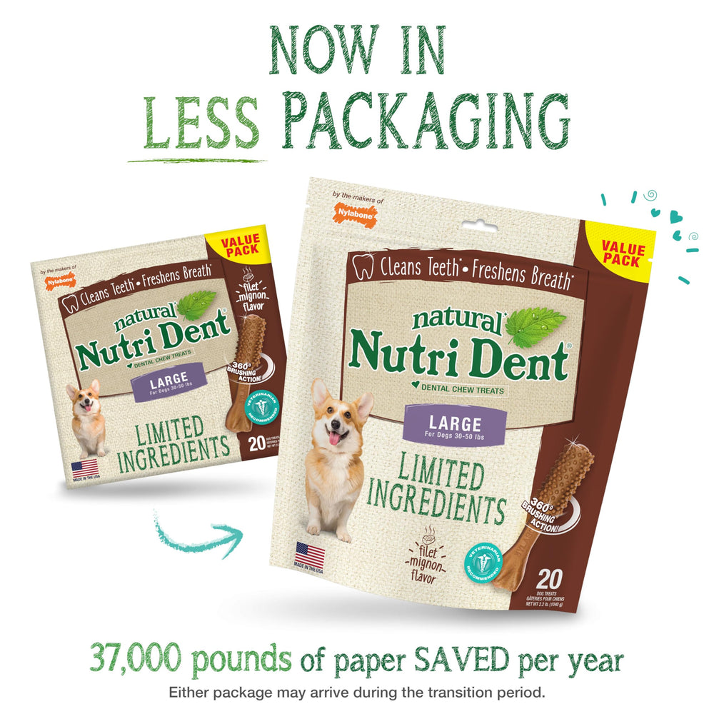Close-up of Nutri Dent 360-degree nubs aiding plaque control while chewing.
