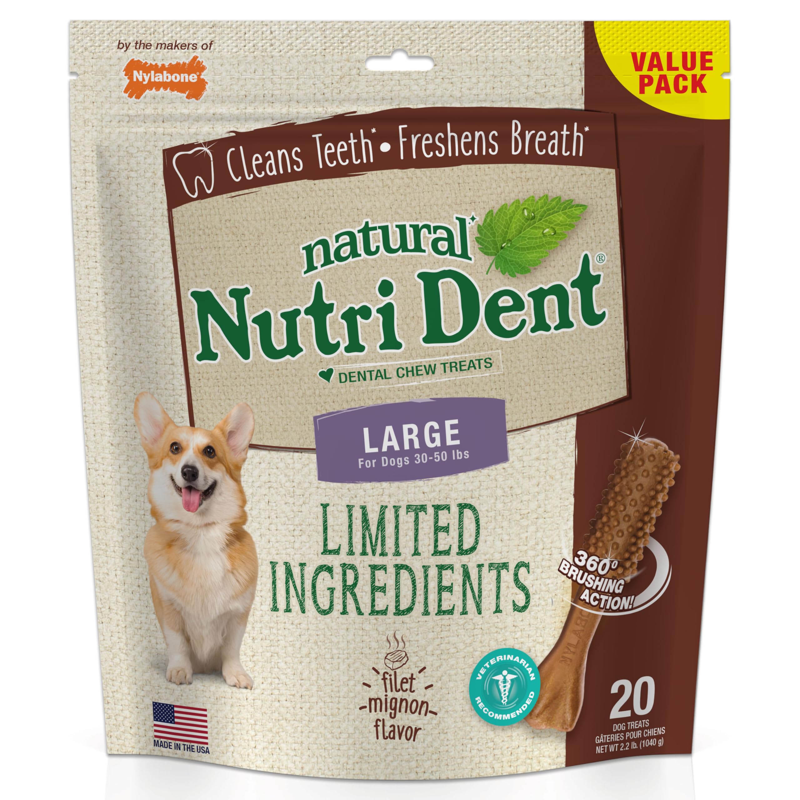 Nylabone Nutri Dent packaging shows filet mignon chews for dental care.