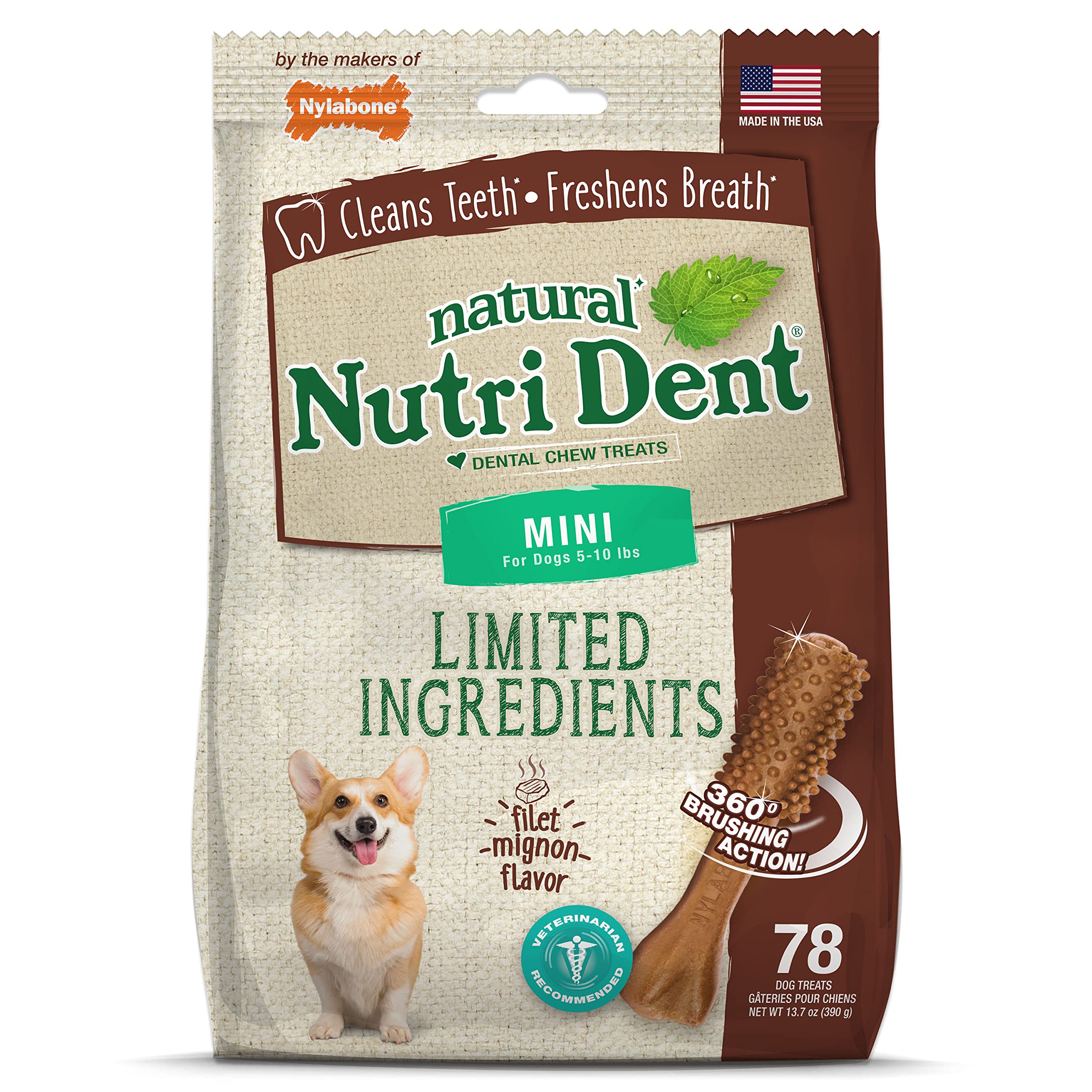 Nylabone Nutri Dent mini filet mignon chews pack shot for dental care support