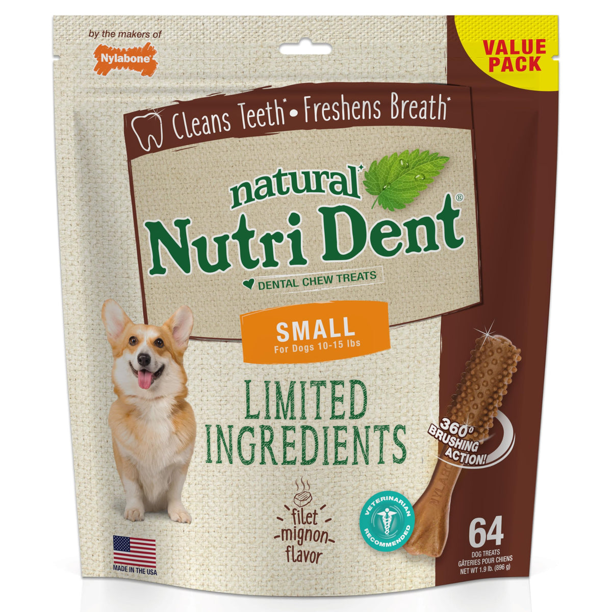 Nylabone Nutri Dent small filet mignon chew for small dogs with fresh breath benefit